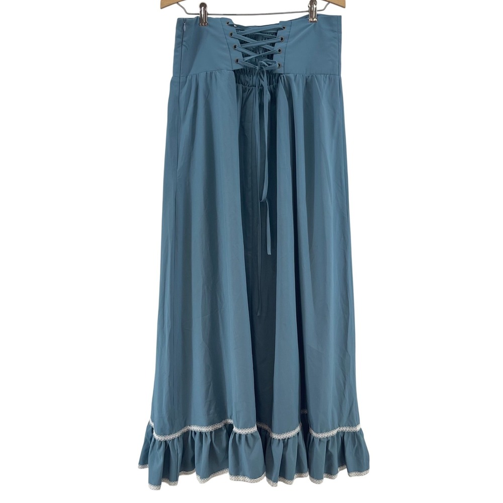 Blue Maxi Skirt Romantic Prairie Cottagecore Lace Ruffle Ren Faire Whimsigoth - Picture 12 of 16